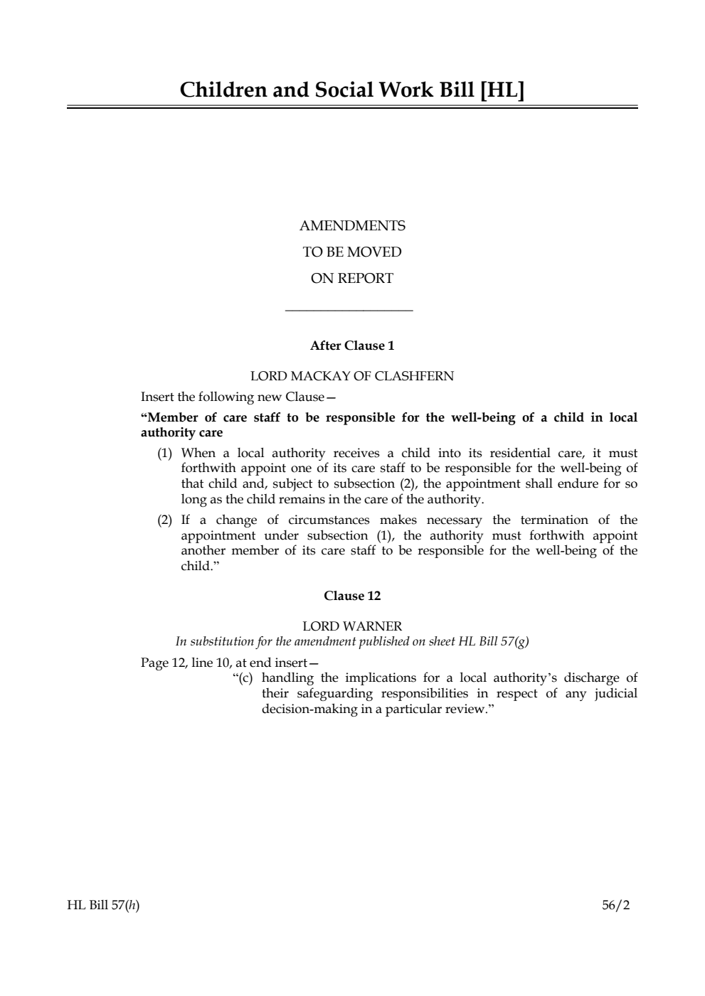 Children and Social Work Bill Lords Amendments