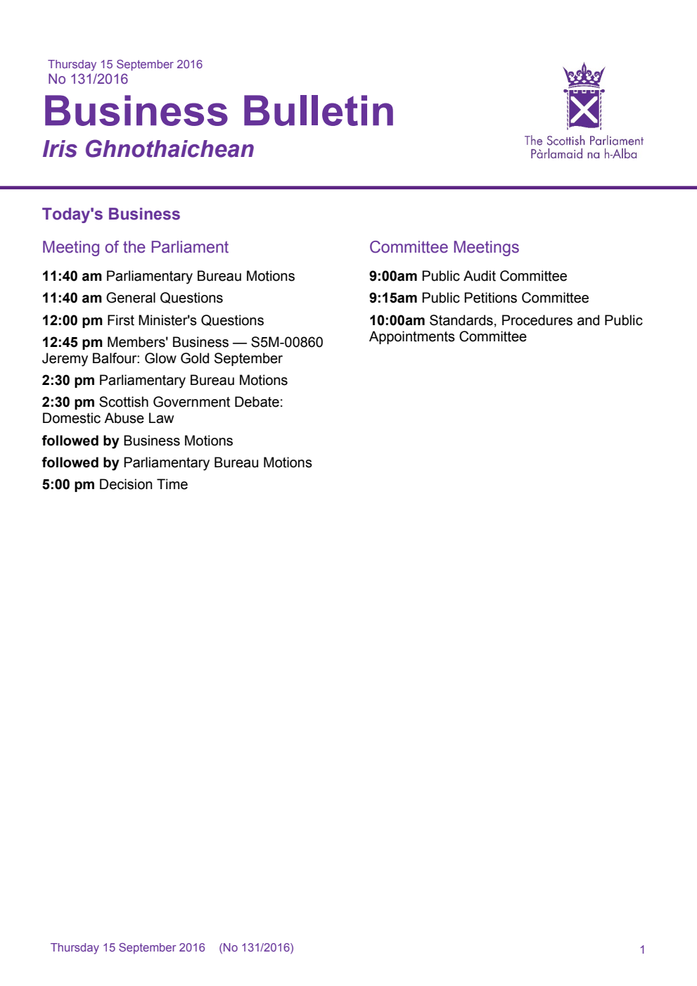 Business Bulletin No. 131/2016, Thursday 15th September 2016