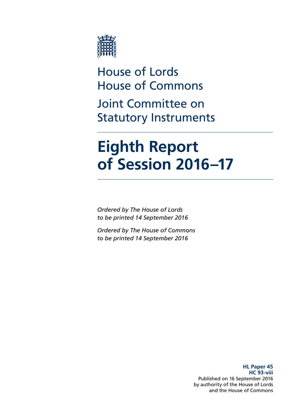 Statutory Instruments Joint Committee 8th Report of Session 2016-17