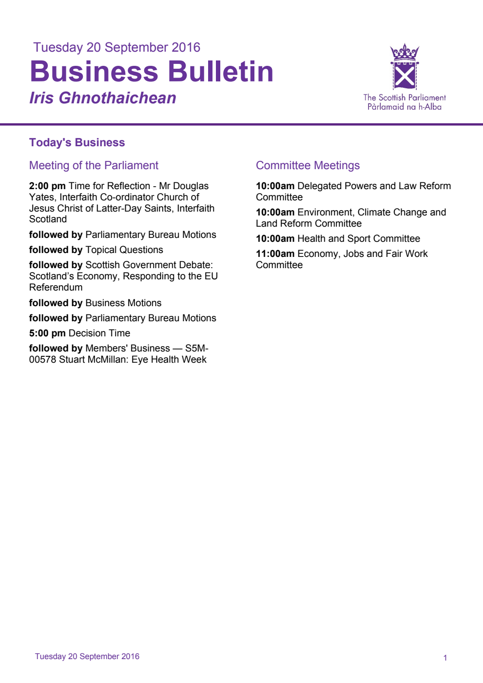 Business Bulletin, Tuesday 20th September 2016