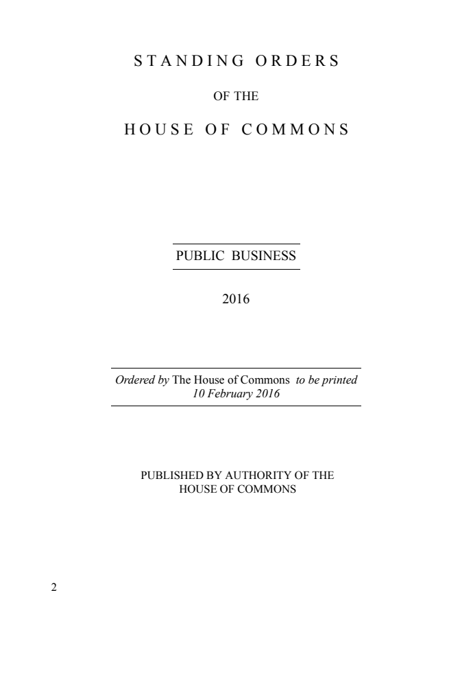 Standing Orders of the House of Commons: Public Business 2016