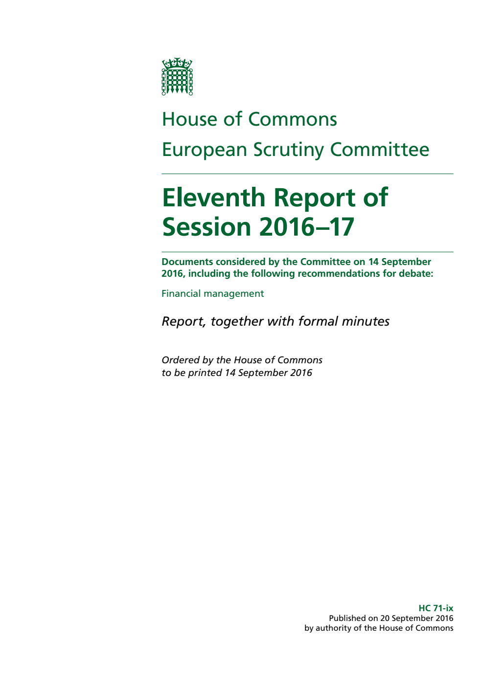 European Scrutiny Committee 11th Report of Session 2016-17