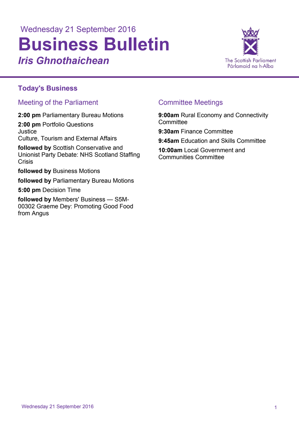 Business Bulletin, Wednesday 21st September 2016