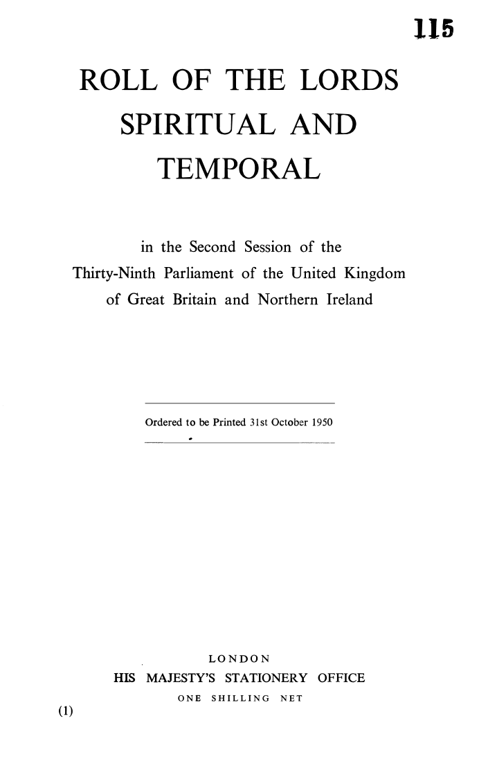 Roll of the Lords Spiritual and Temporal in the 2nd Session of the 39th Parliament of the United Kingdom of Great Britain and Northern Ireland