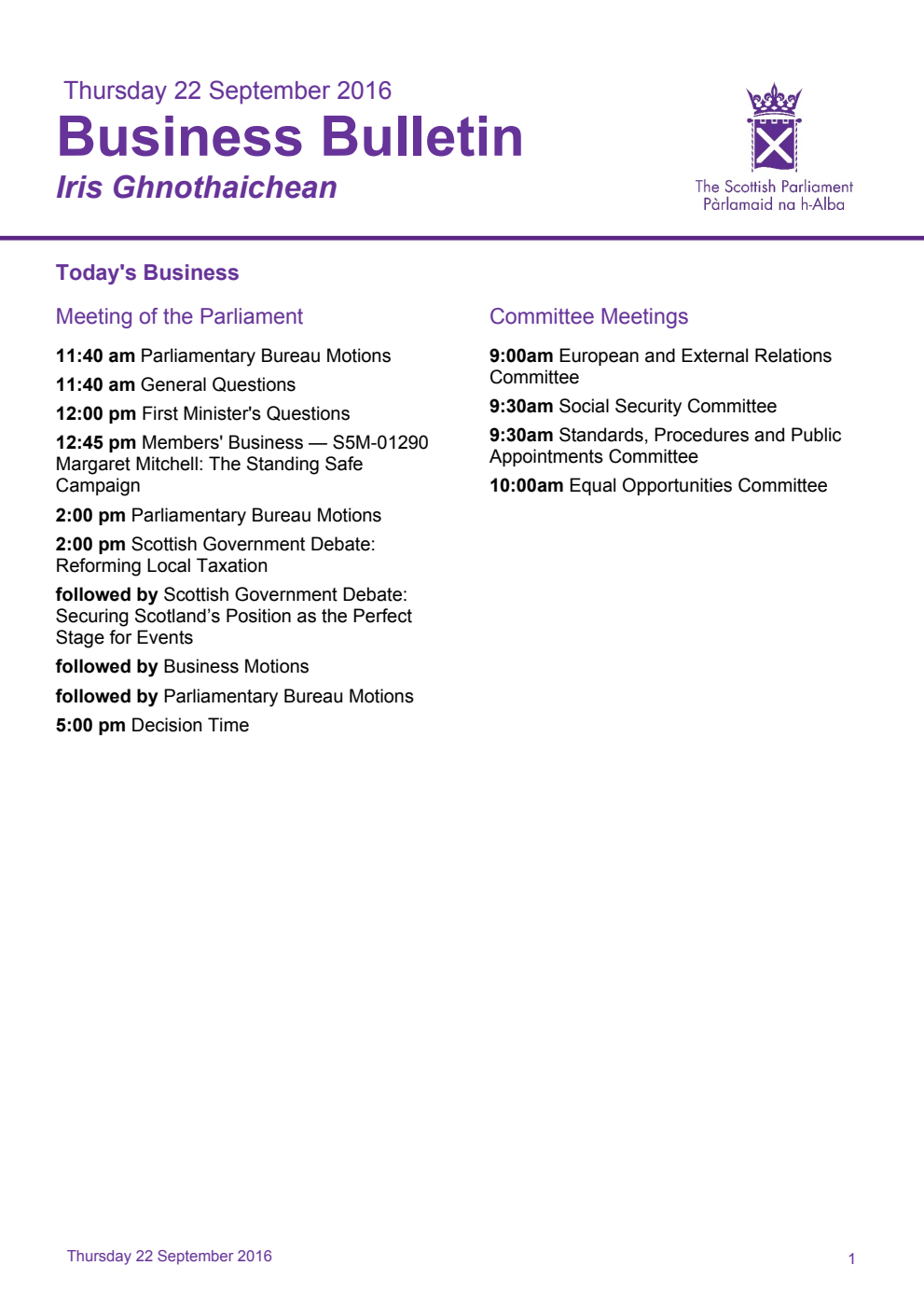 Business Bulletin, Thursday 22nd September 2016