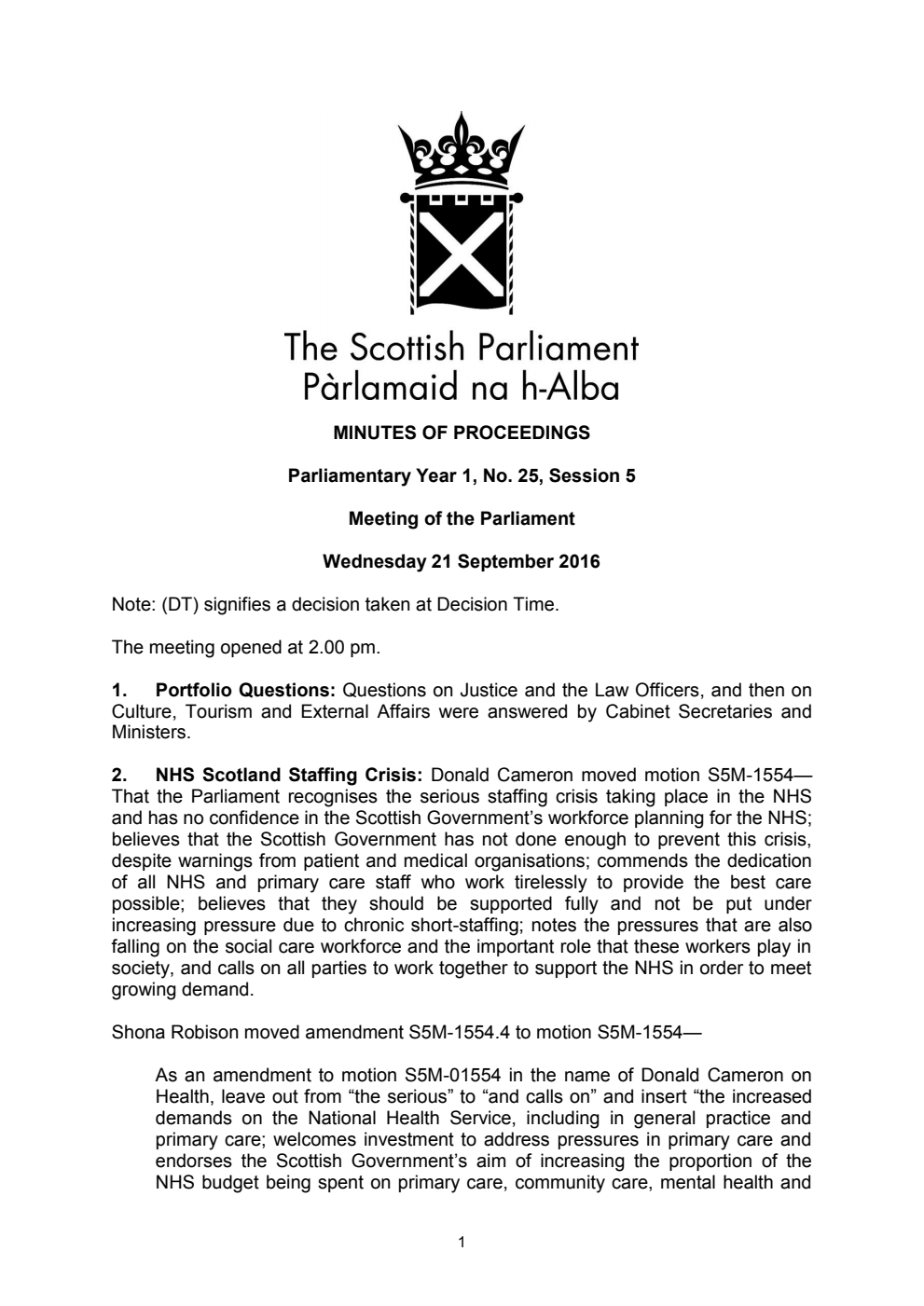 Minutes of Proceedings 21 September 2016 Vol. 1, No. 25 Session 5