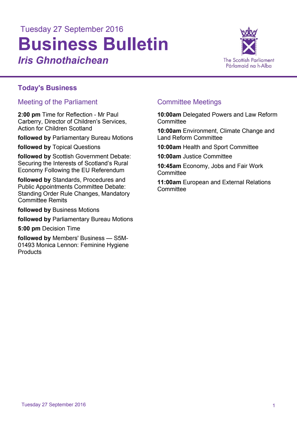 Business Bulletin, Tuesday 27th September 2016