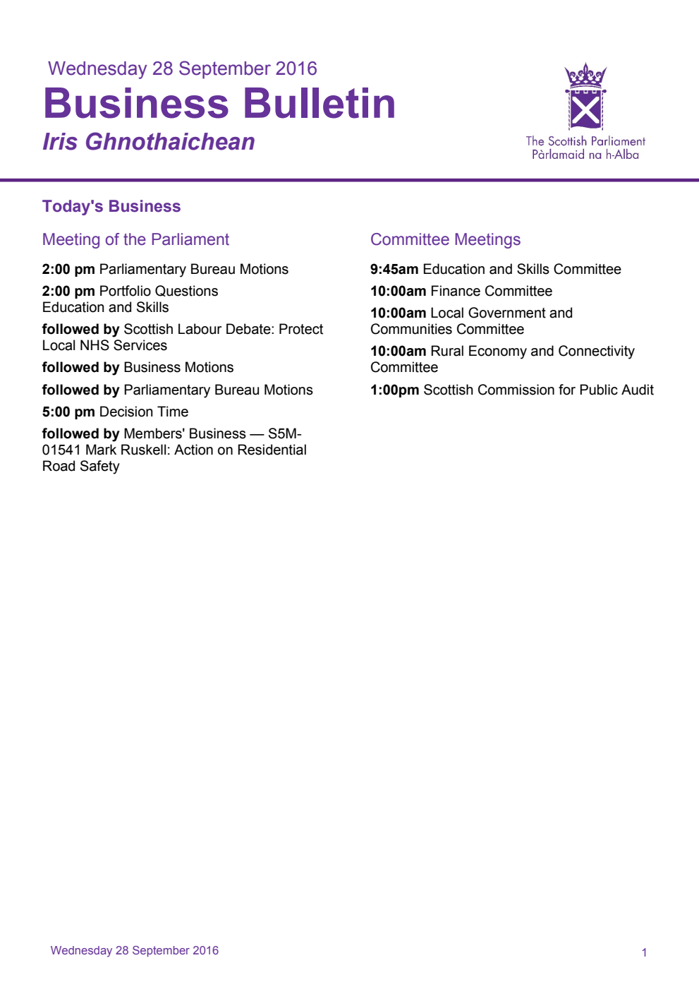 Business Bulletin, Wednesday 28th September 2016