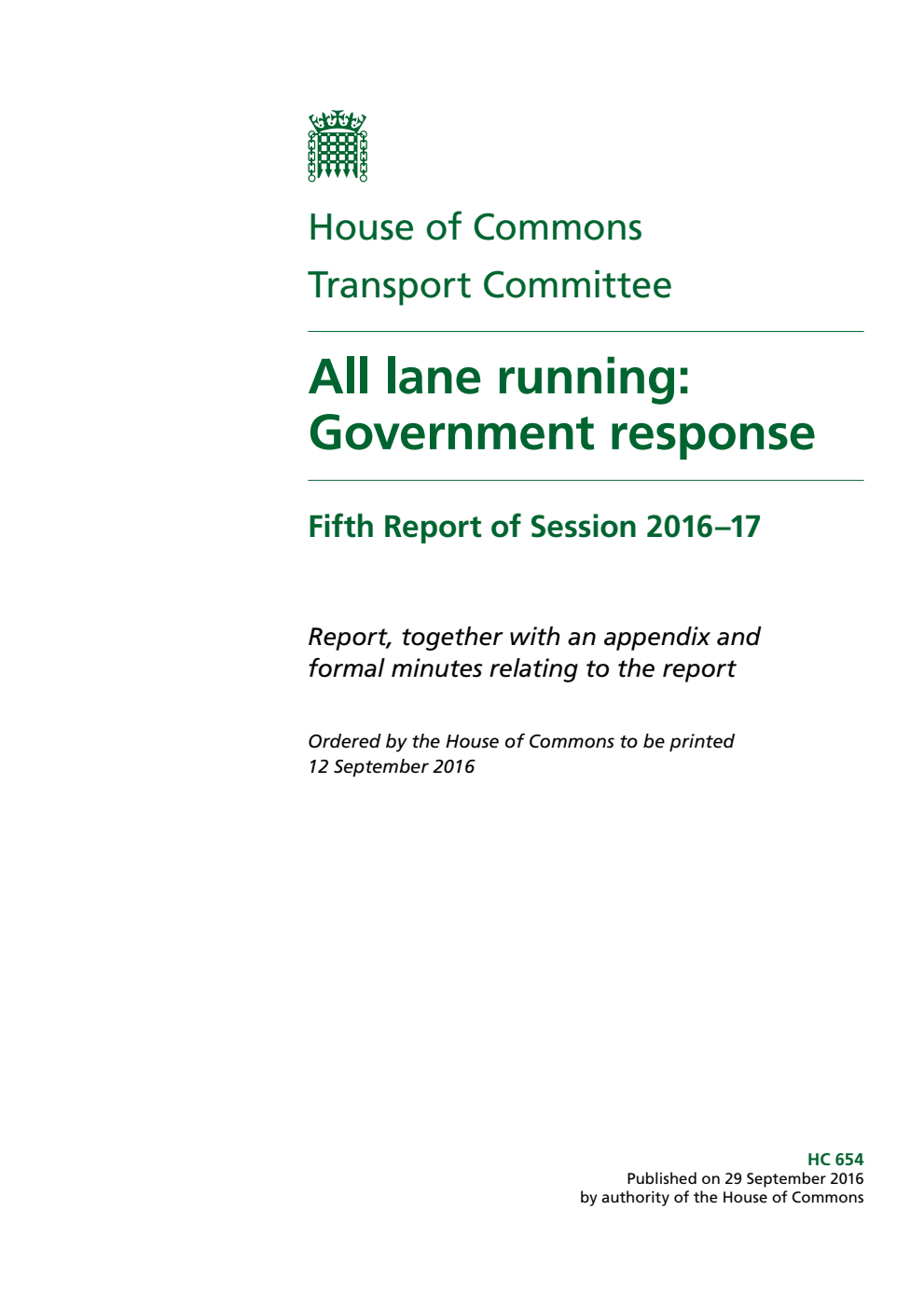 Transport Committee 5th Report. All lane running: Government response