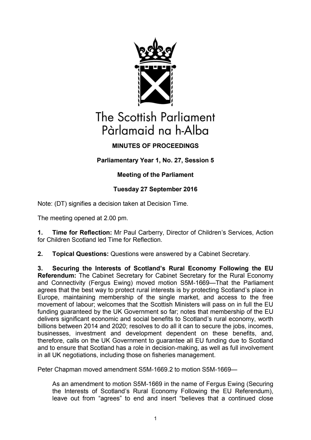 Minutes of Proceedings 27 September 2016 Vol. 1, No. 27 Session 5