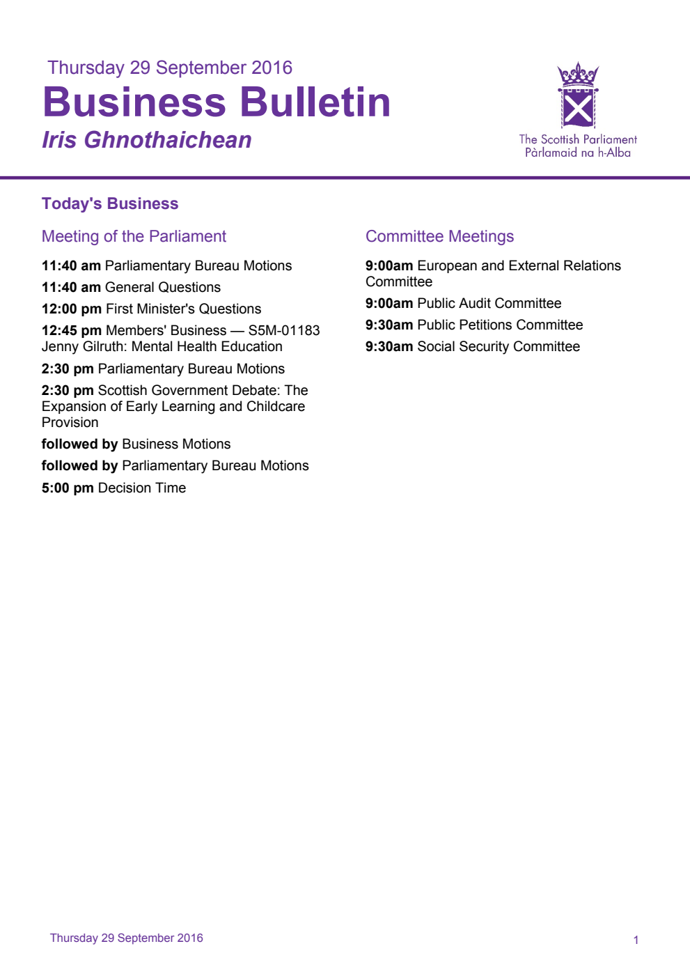 Business Bulletin, Thursday 29th September 2016