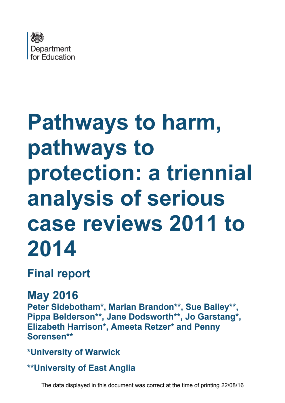 DFE RR545 Pathways to Harm, Pathways to Protection : A Triennial Analysis of Serious Case Reviews 2011 to 2014 : Final Report May 2016