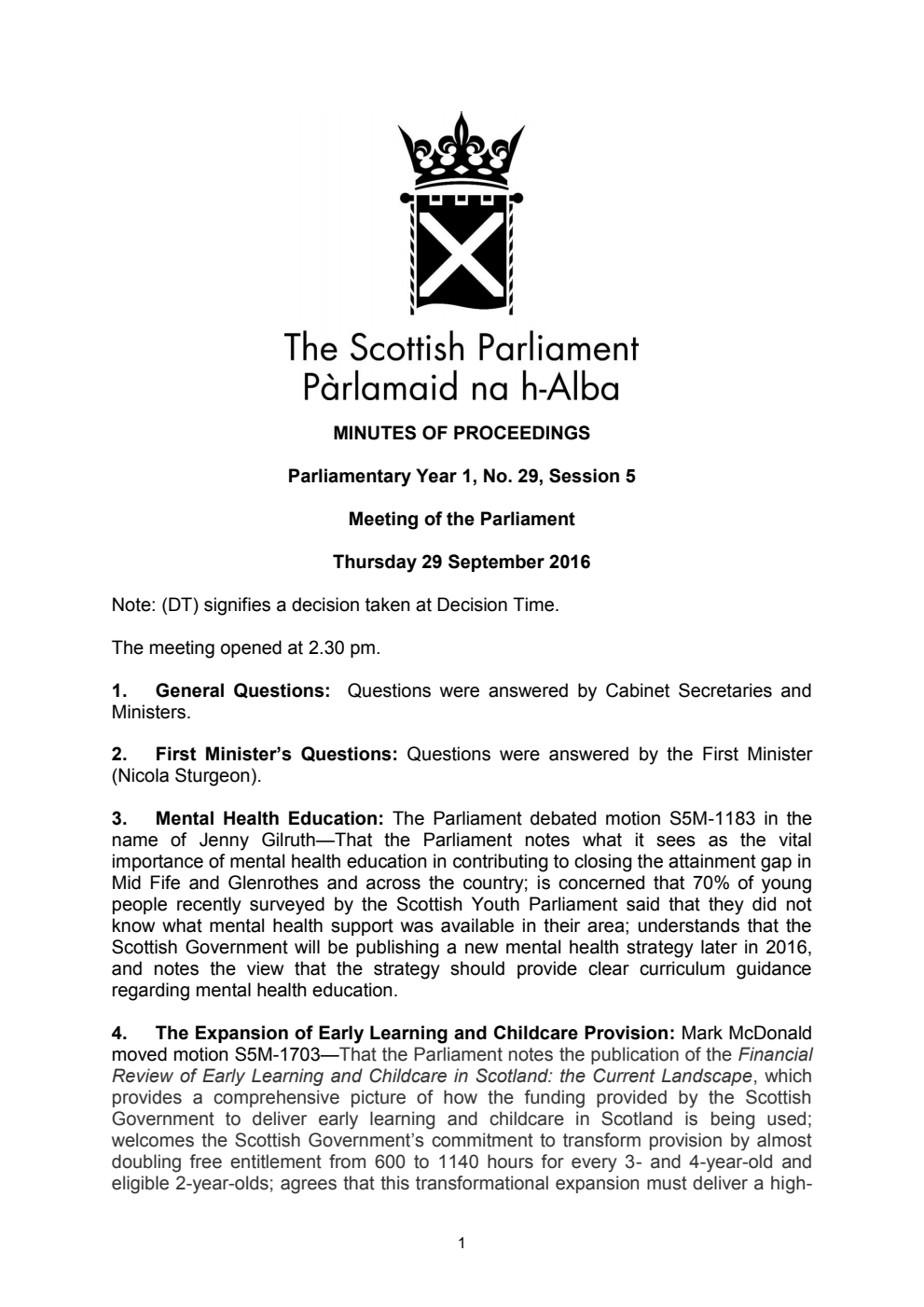 Minutes of Proceedings 29 September 2016 Vol. 1, No. 29 Session 5