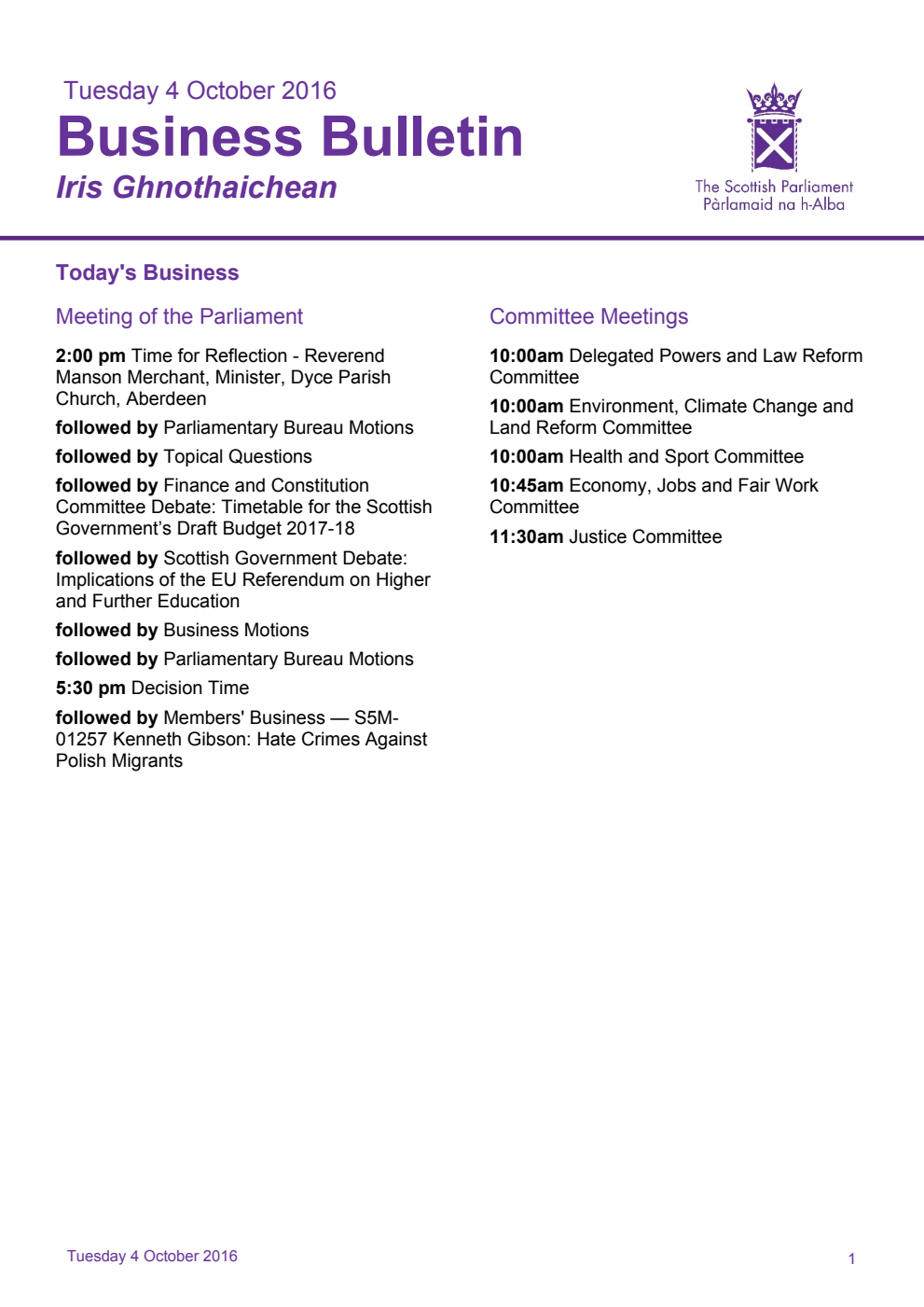 Business Bulletin, Tuesday 4th October 2016