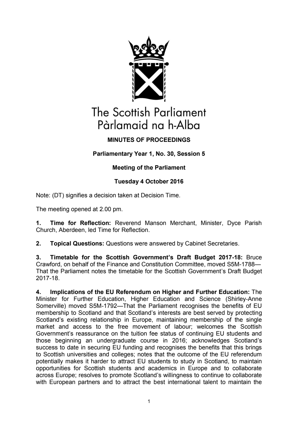 Minutes of Proceedings 4 October 2016 Vol. 1, No. 30 Session 5