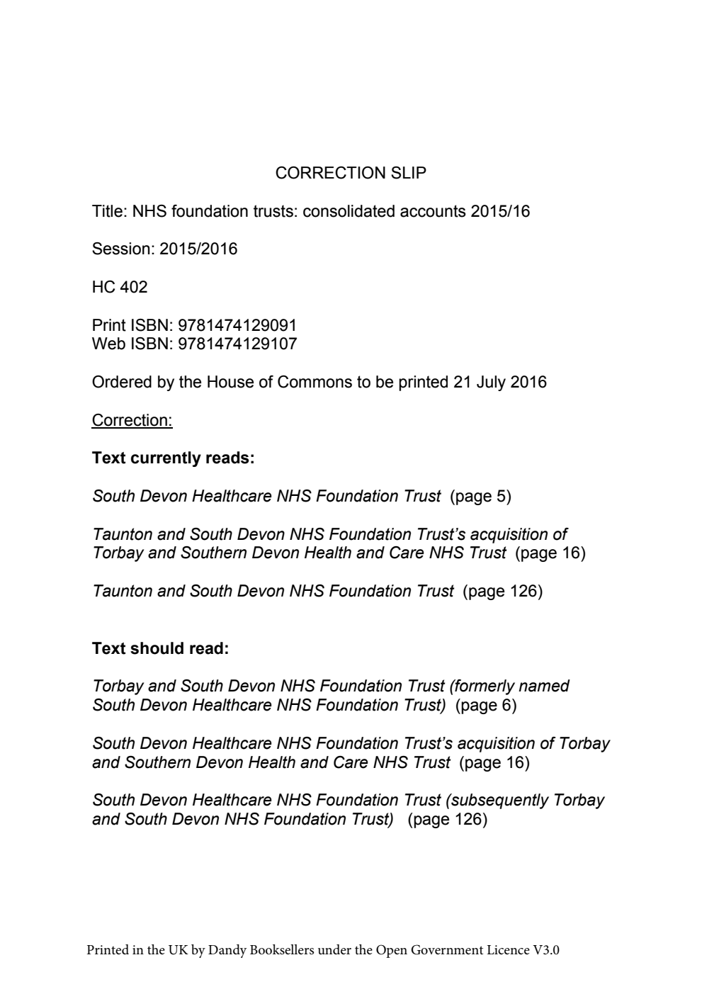 NHS foundation trusts: consolidated accounts 2015/16, Correction slip