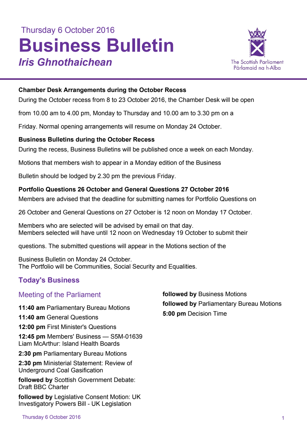 Business Bulletin, Thursday 6th October 2016