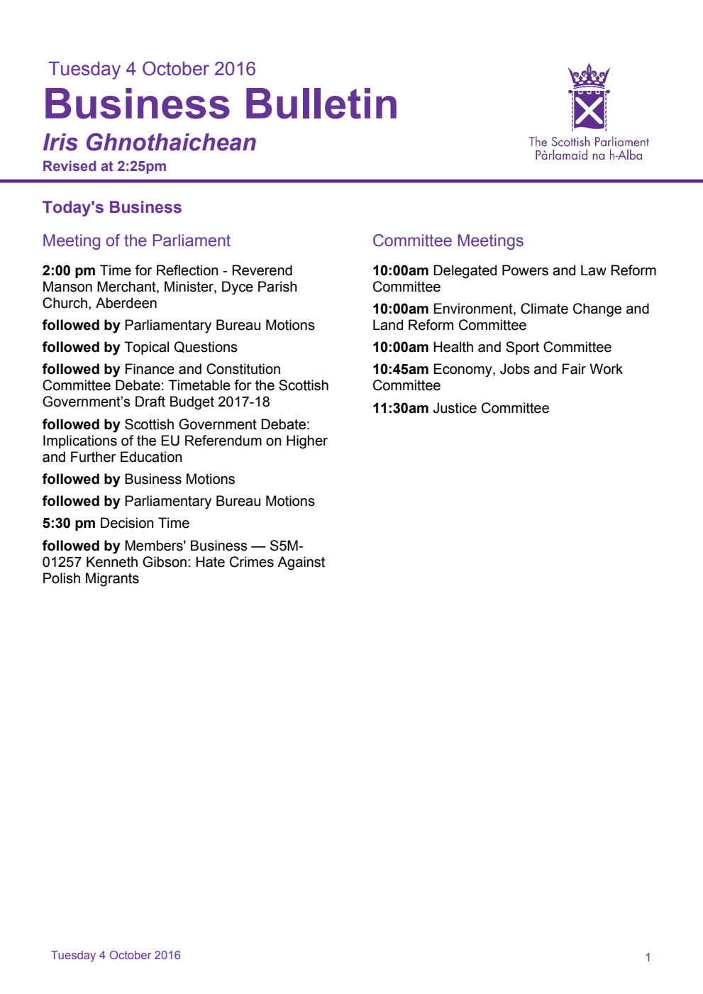 Business Bulletin, Tuesday 4th October 2016, Revised