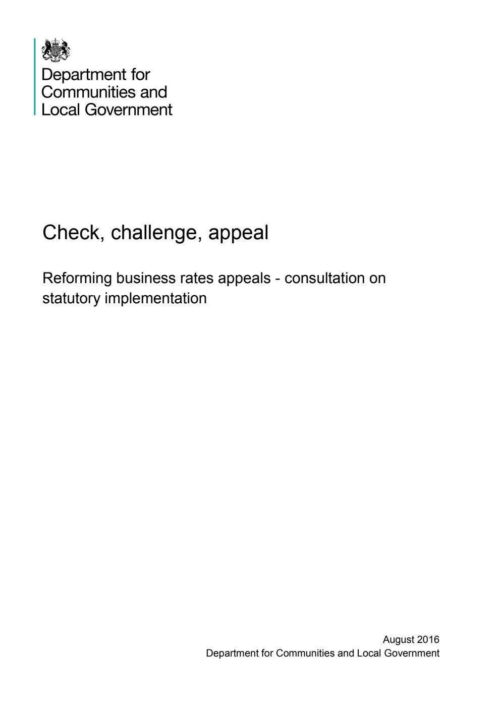 Check, challenge, appeal: Reforming business rates appeals - consultation on statutory implementation