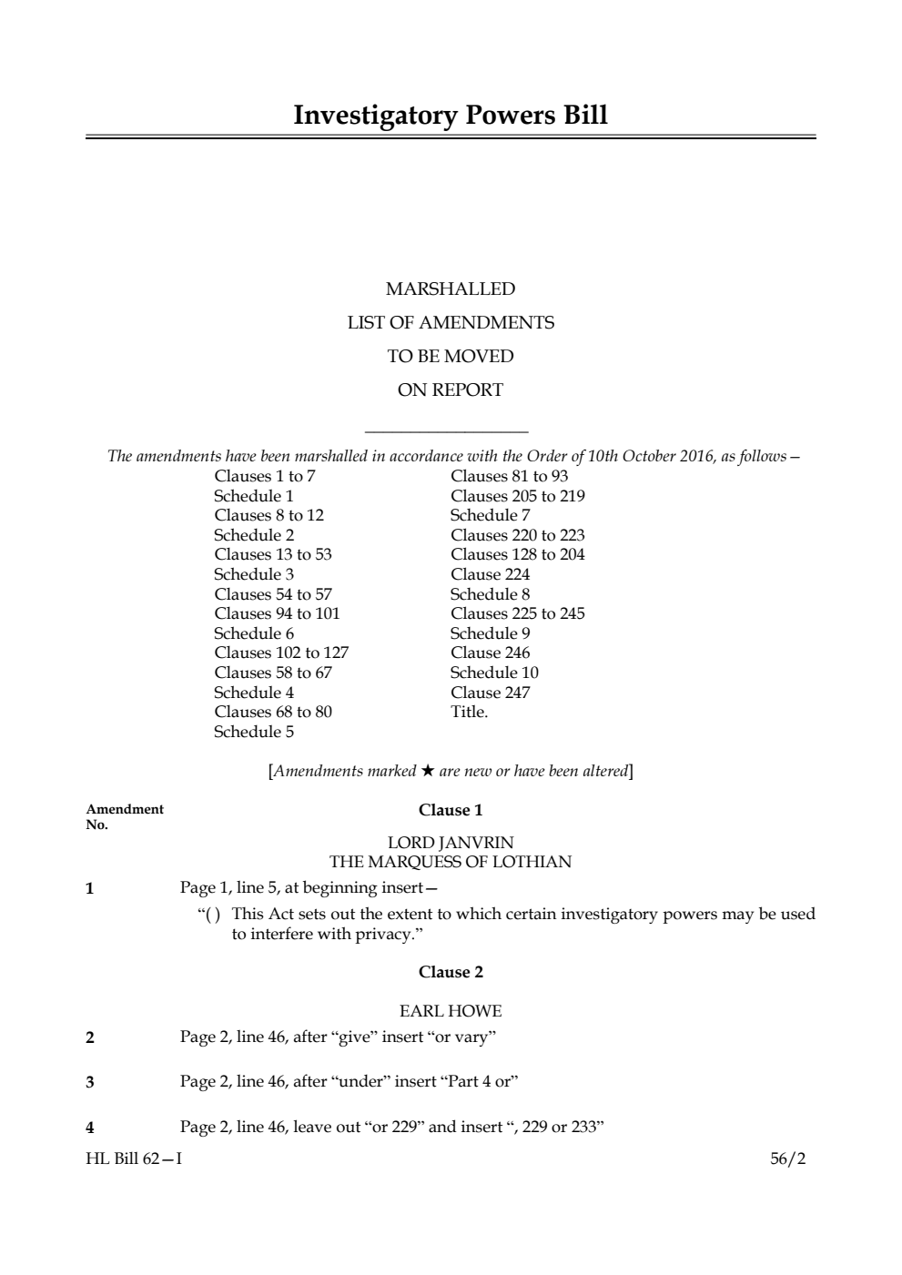 Investigatory Powers Bill Lords Amendments 1st Marshalled List