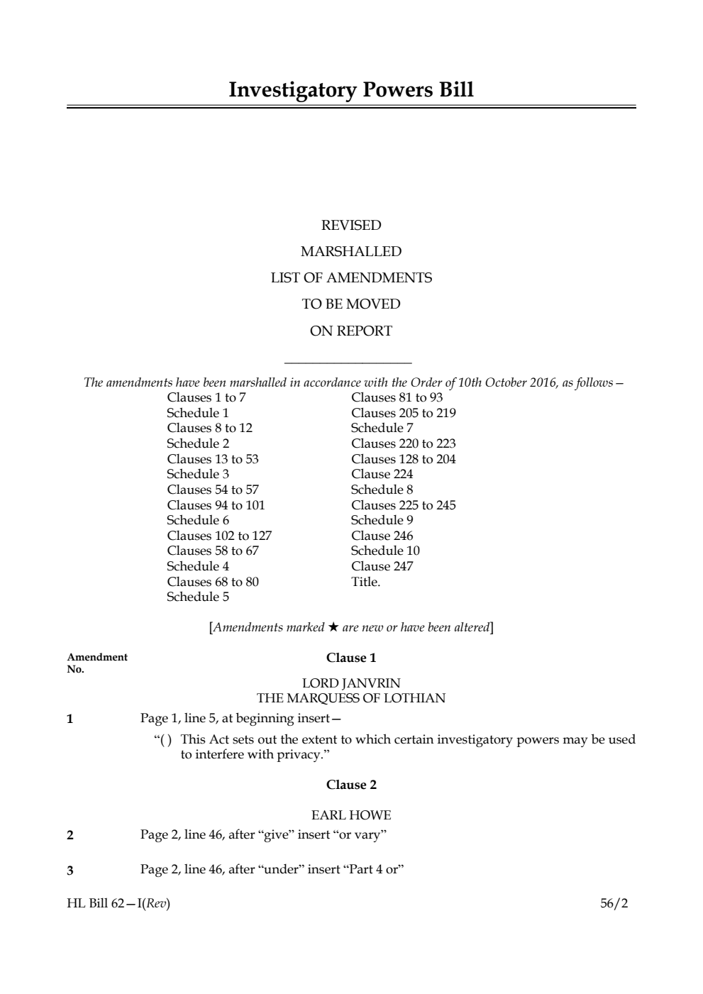 Investigatory Powers Bill Lords Amendments Revised 1st Marshalled List