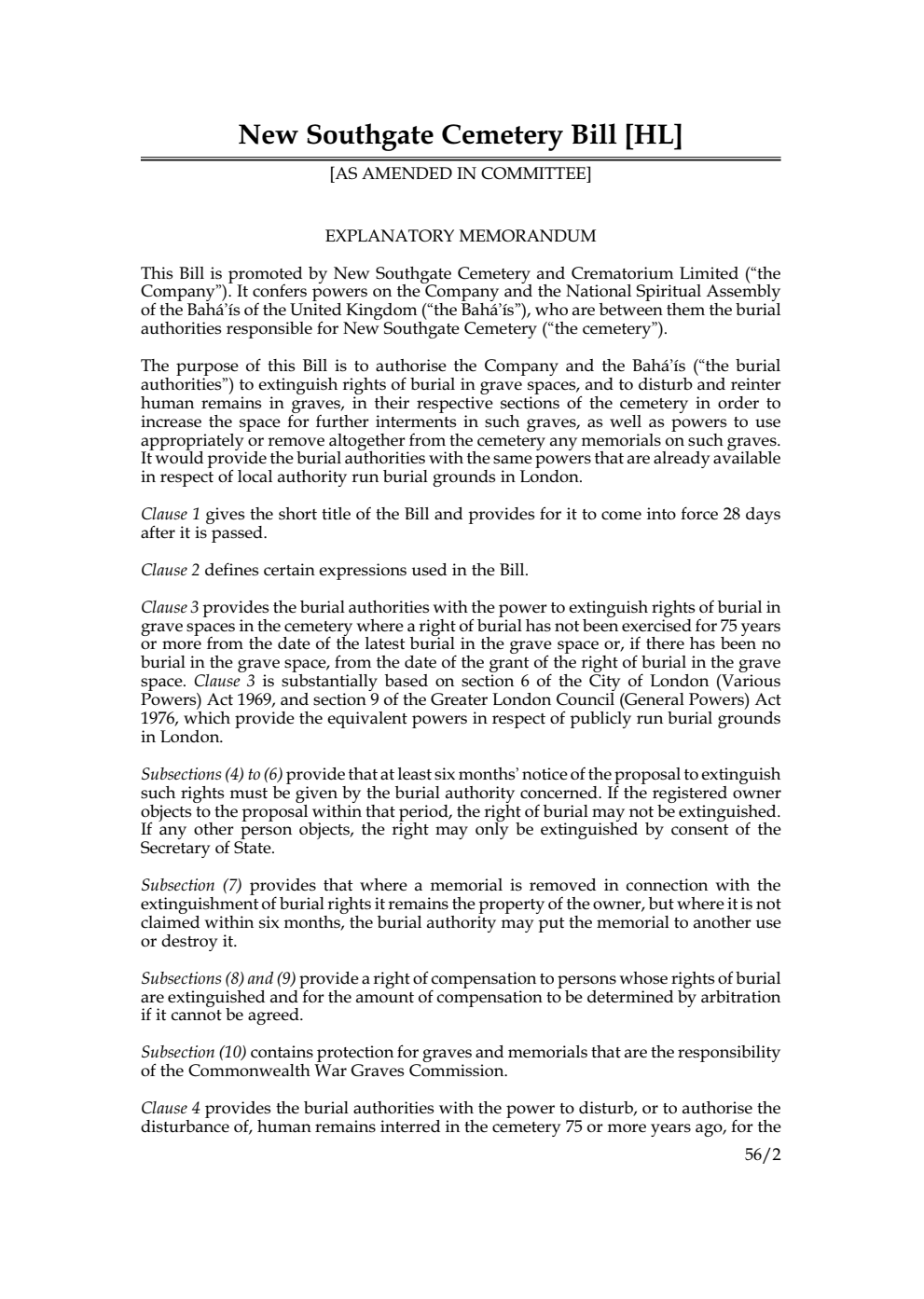 New Southgate Cemetery Bill [as amended in Committee]