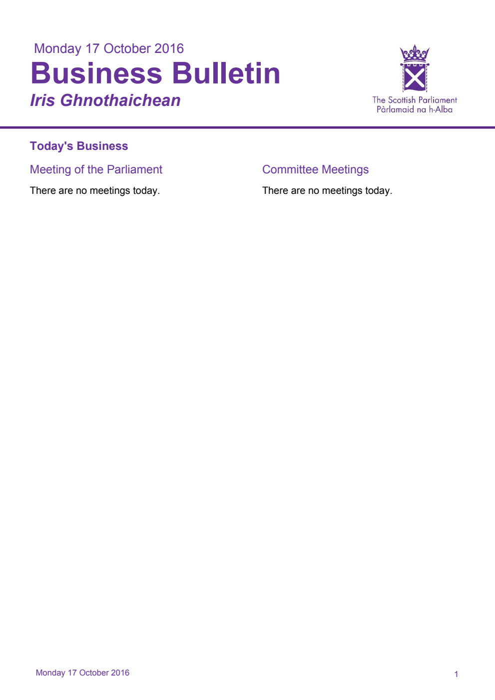 Business Bulletin, Monday 17th October 2016