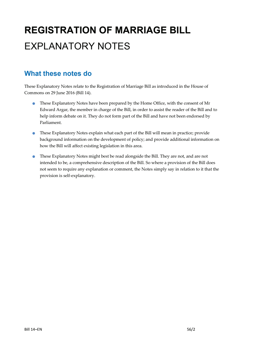 Registration of Marriage Bill Explanatory Notes