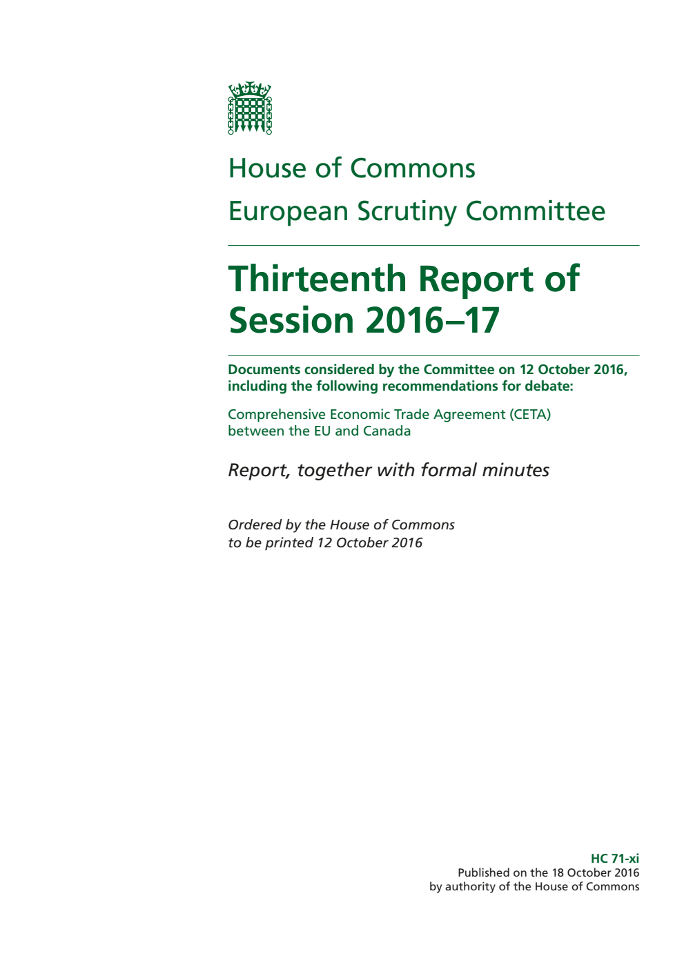European Scrutiny Committee 13th Report of Session 2016-17