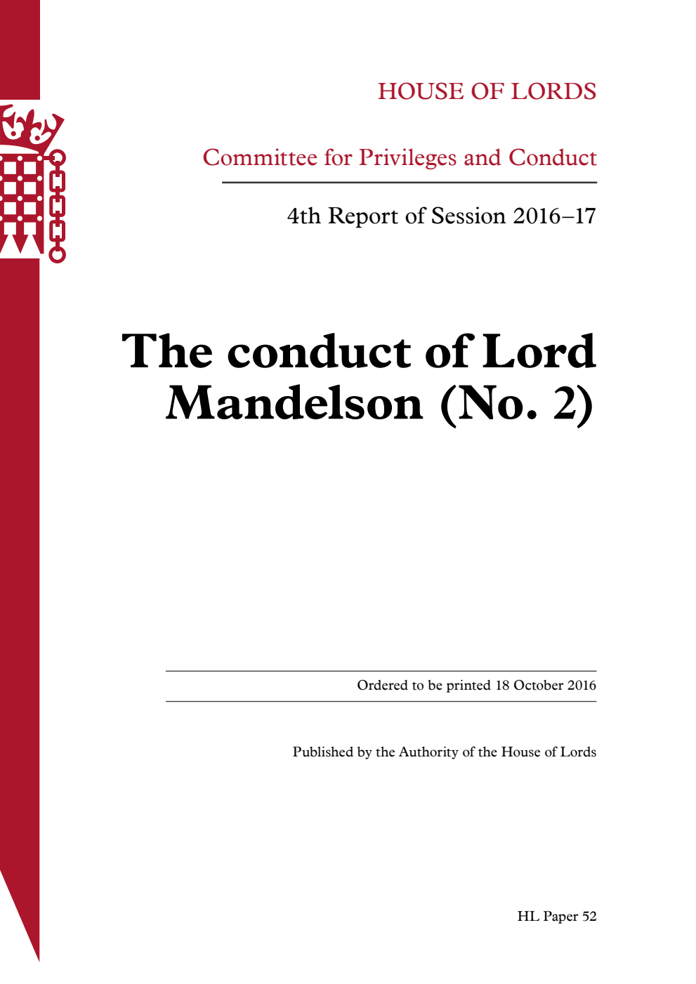 Privileges and Conduct Committee 4th Report. The conduct of Lord Mandelson (No. 2)