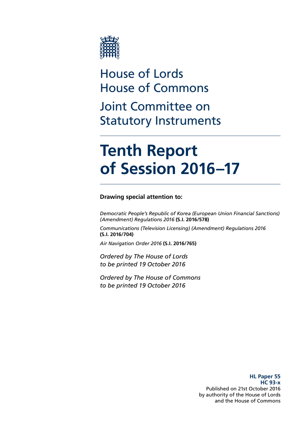 Statutory Instruments Joint Committee 10th Report of Session 2016-17