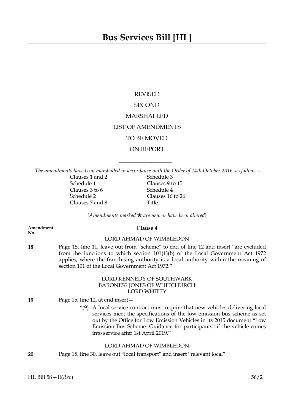 Bus Services Bill Lords Amendments Revised 2nd Marshalled List