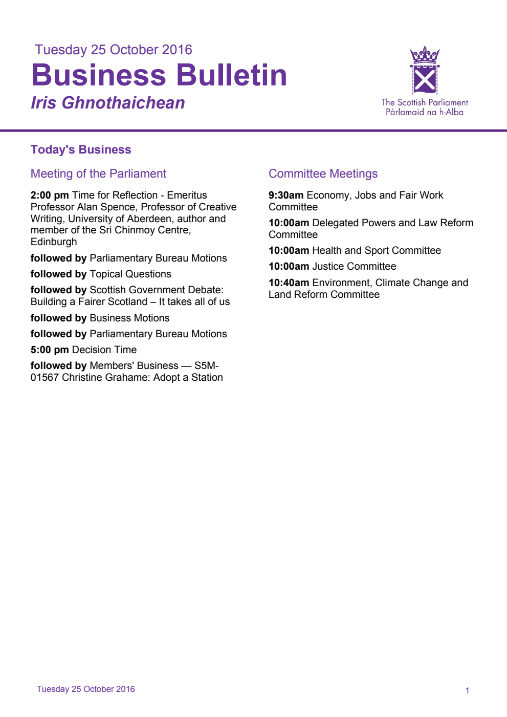 Business Bulletin, Tuesday 25th October 2016