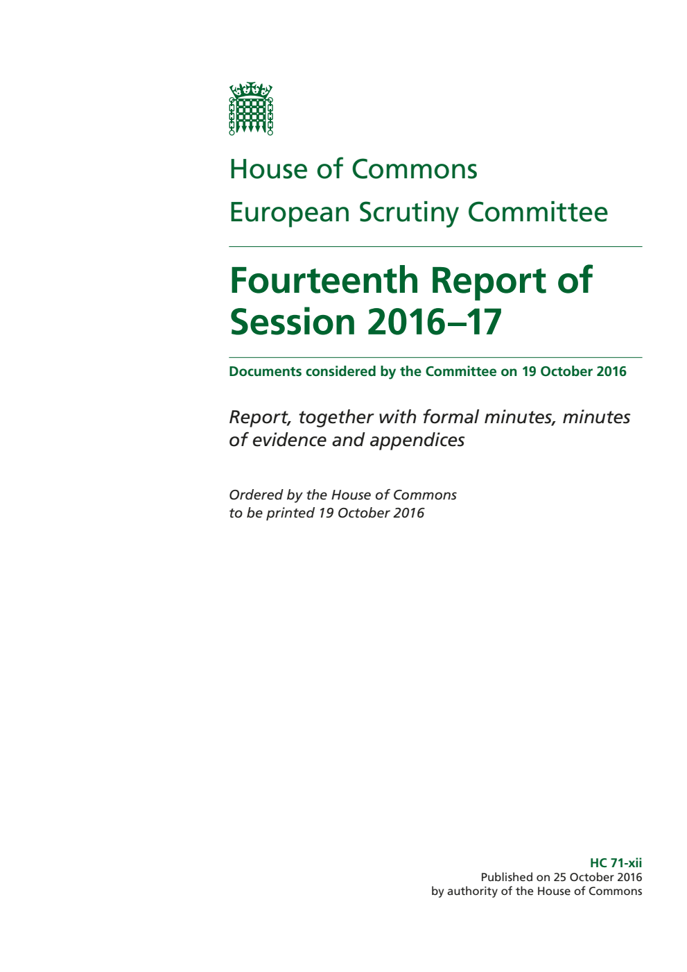 European Scrutiny Committee 14th Report of Session 2016-17