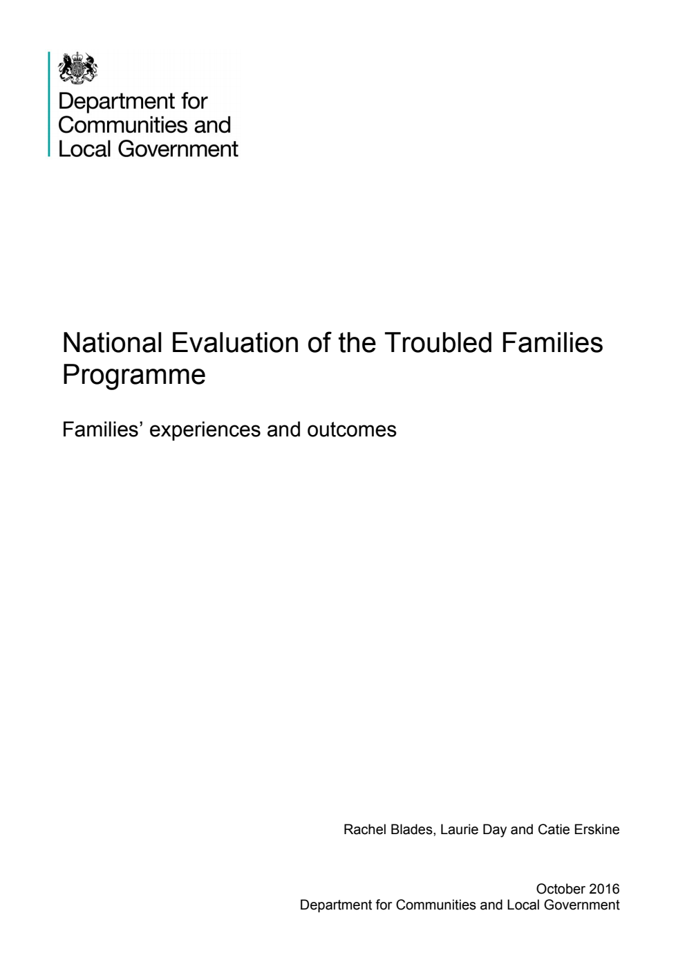 National Evaluation of the Troubled Families Programme: Families’ experiences and outcomes
