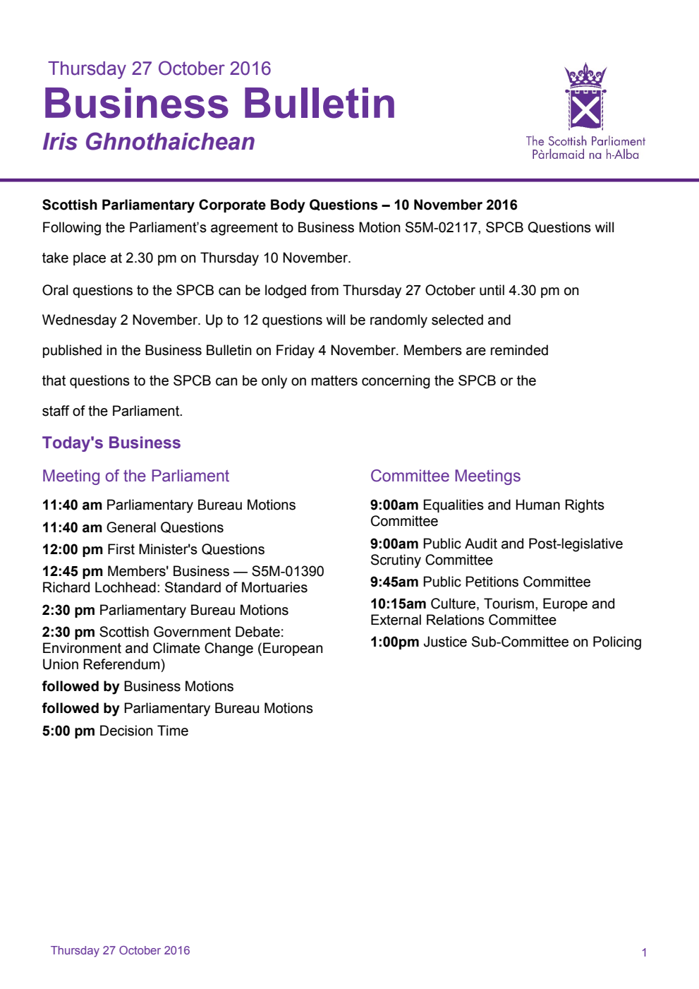 Business Bulletin, Thursday 27th October 2016