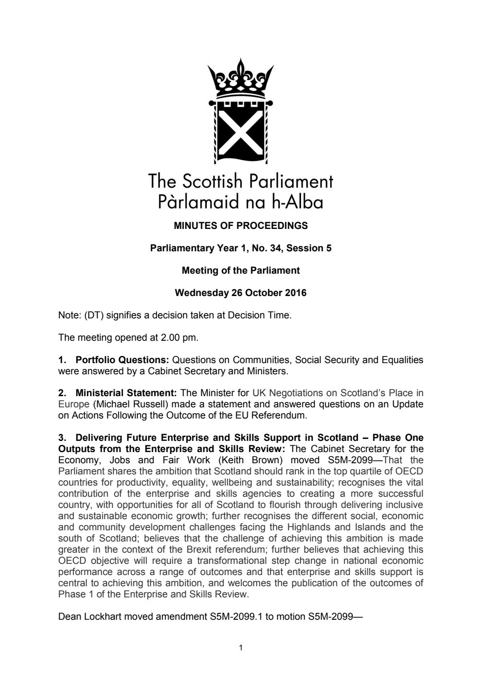 Minutes of Proceedings 26 October 2016 Vol. 1, No. 34 Session 5