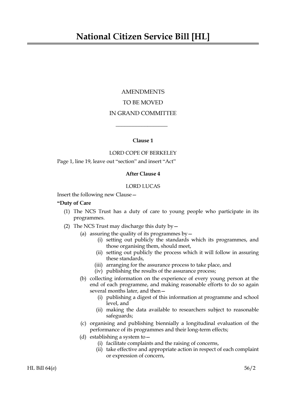National Citizen Service Bill Lords Amendments