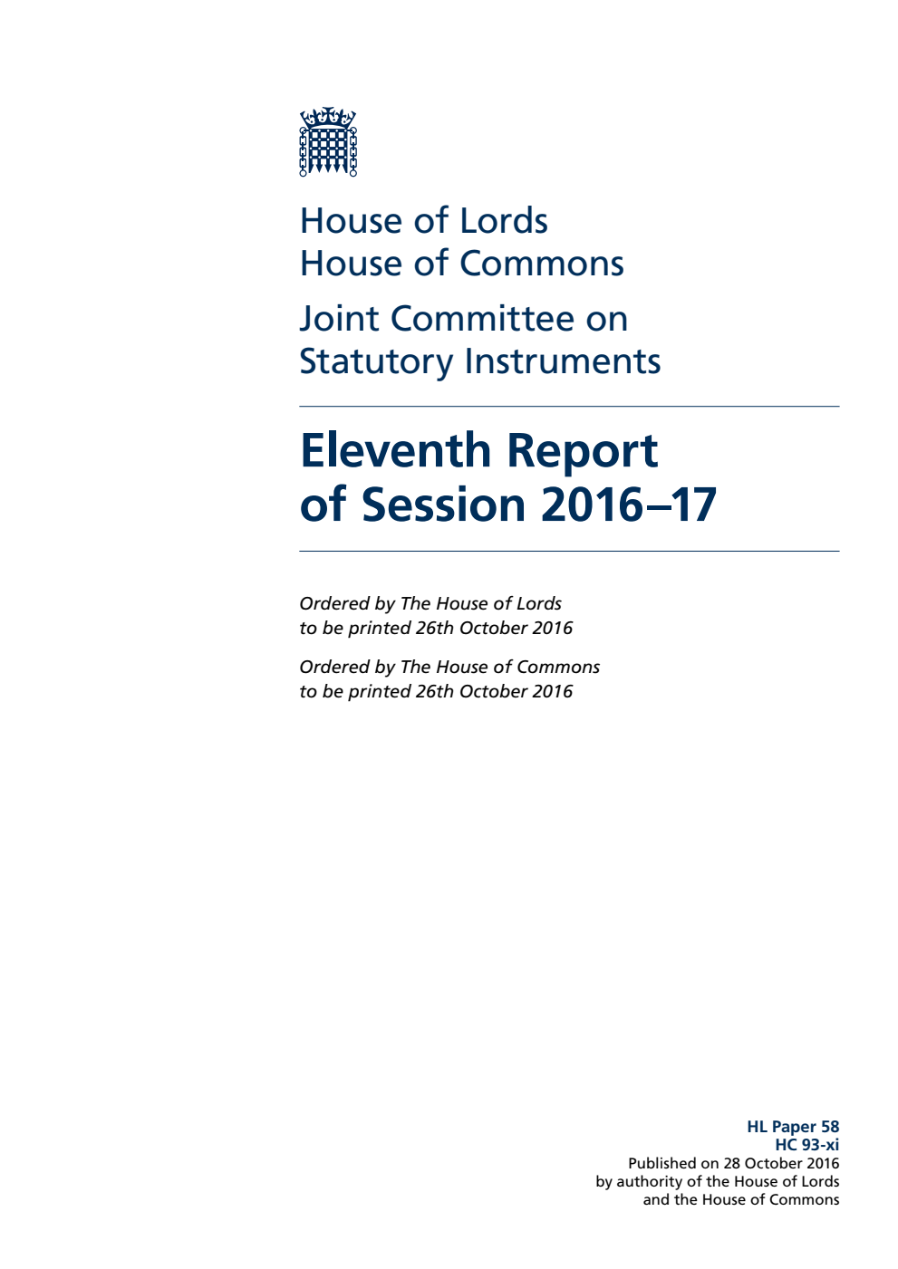 Statutory Instruments Joint Committee 11th Report of Session 2016-17