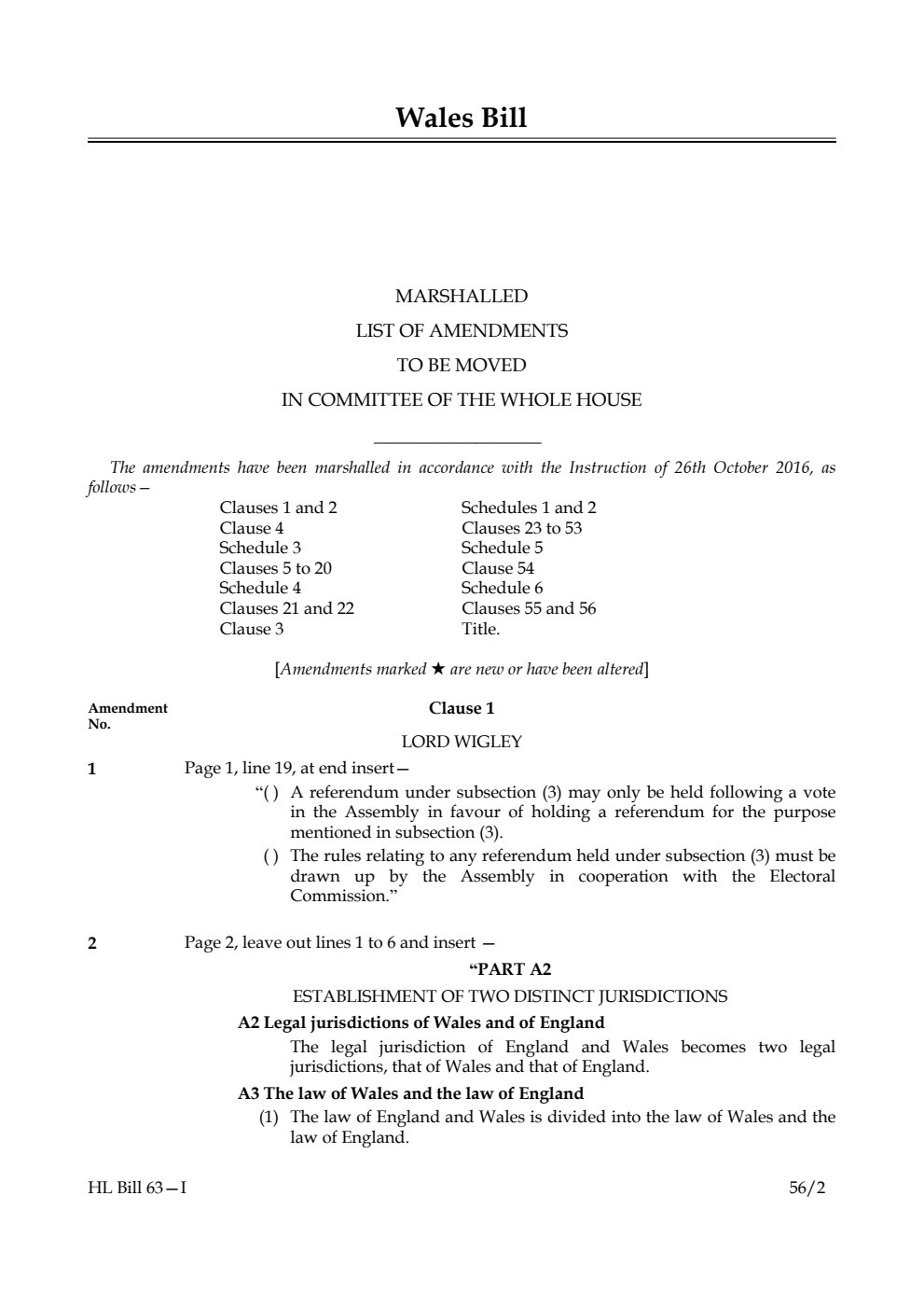 Wales Bill Lords Amendments 1st Marshalled List
