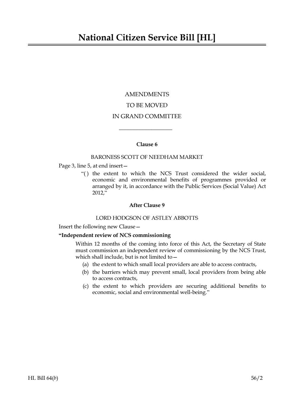 National Citizen Service Bill Lords Amendments