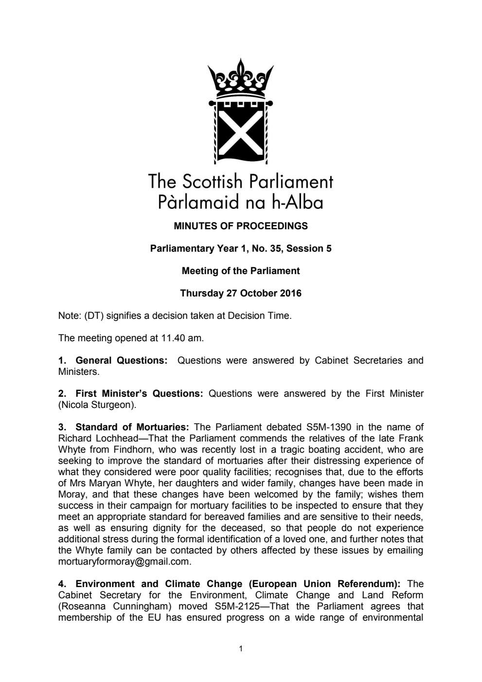 Minutes of Proceedings 27 October 2016 Vol. 1, No. 35 Session 5