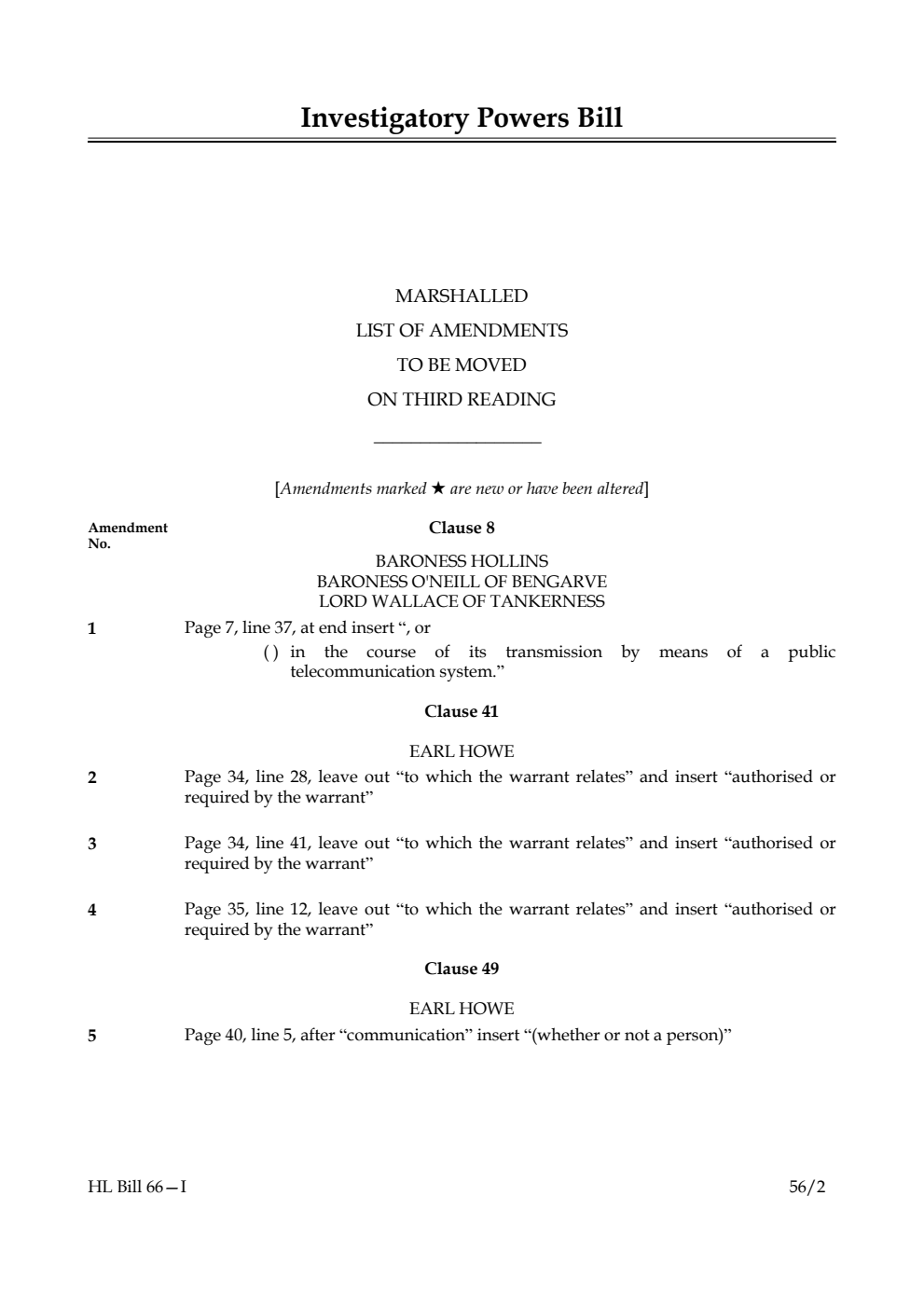 Investigatory Powers Bill Lords Amendments 1st Marshalled List