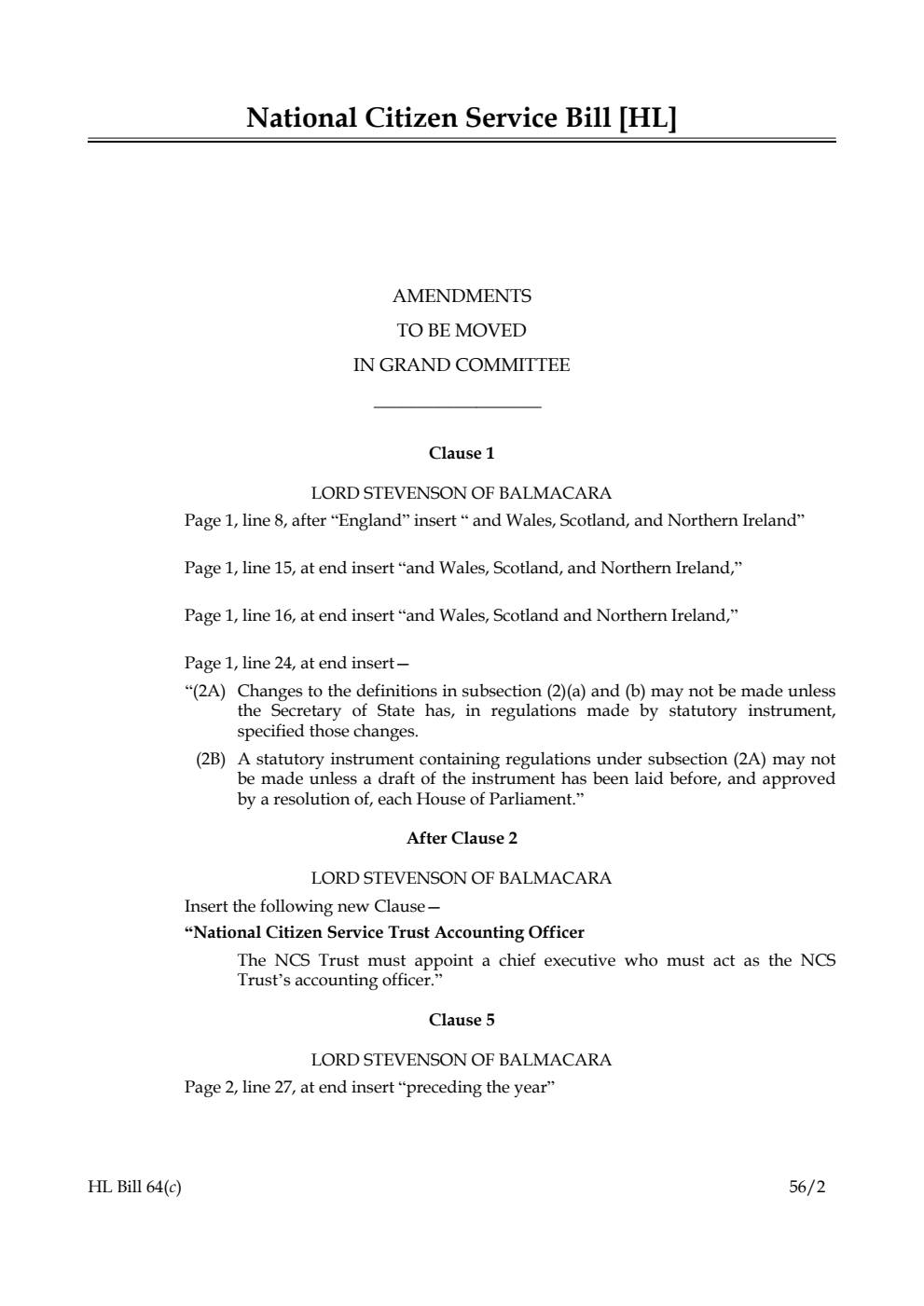 National Citizen Service Bill Lords Amendments