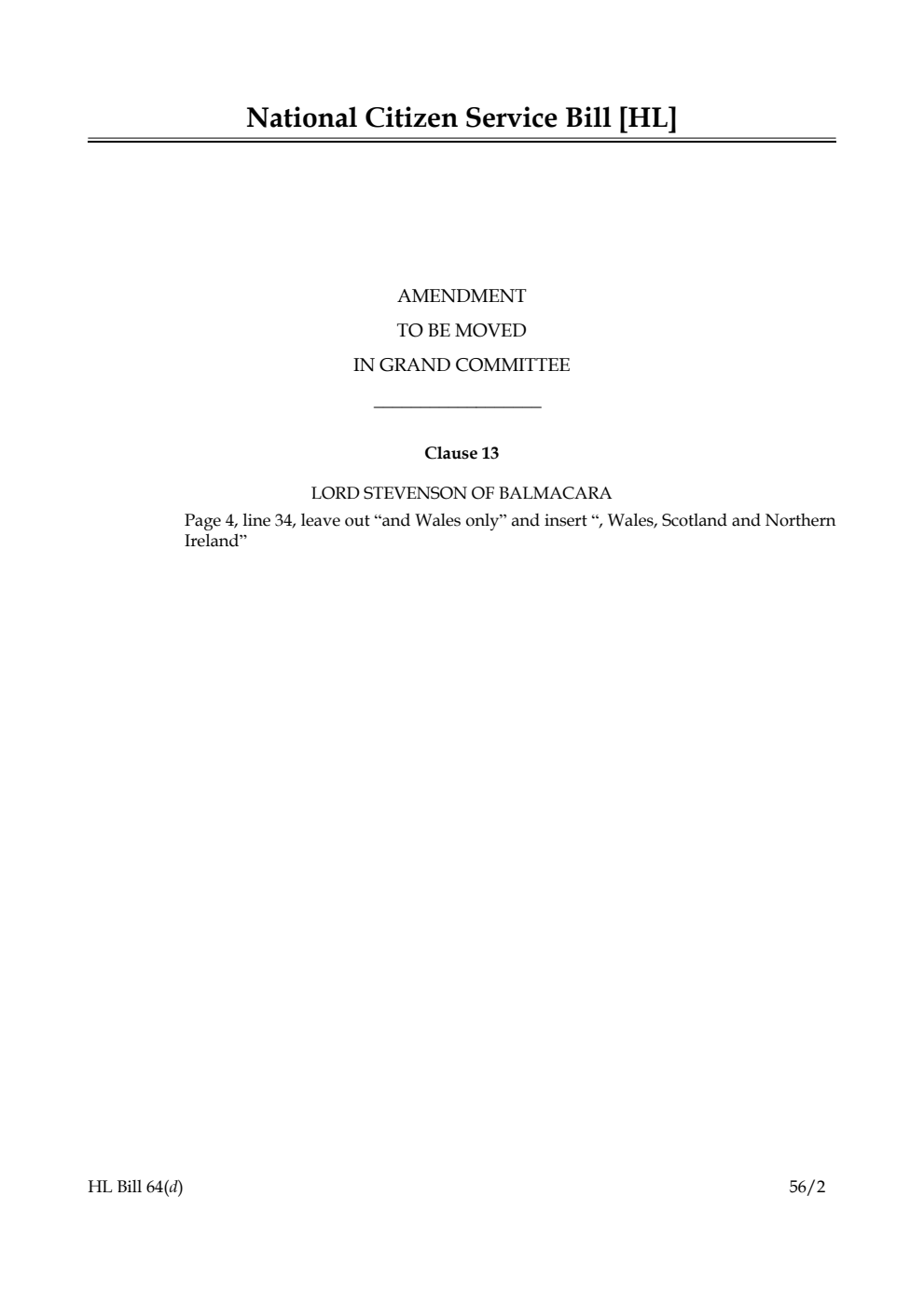 National Citizen Service Bill Lords Amendments