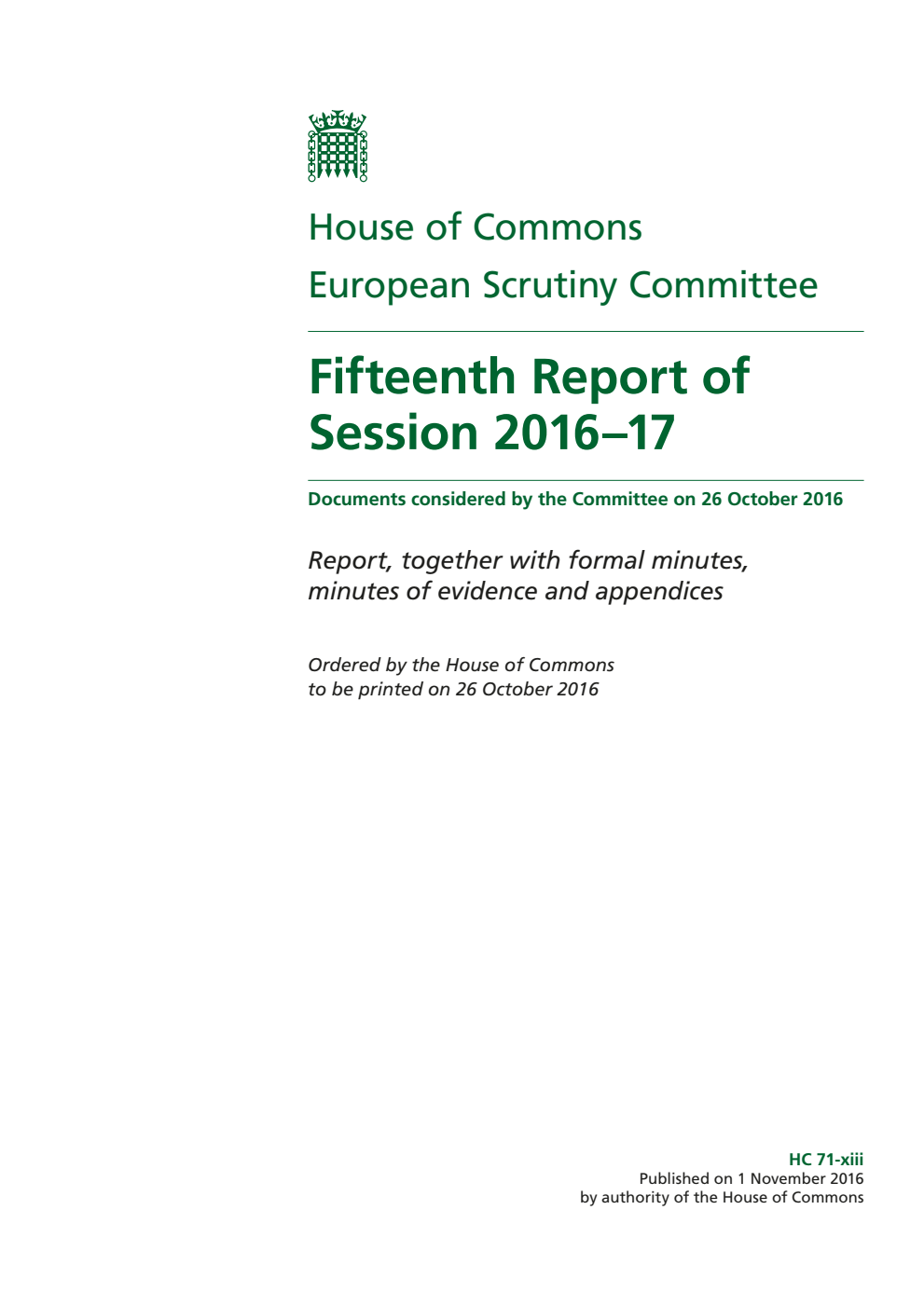 European Scrutiny Committee 15th Report of Session 2016-17