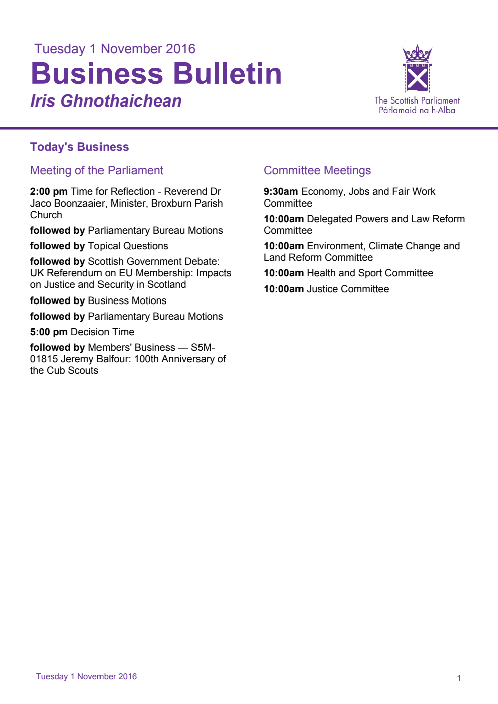 Business Bulletin, Tuesday 1st November 2016