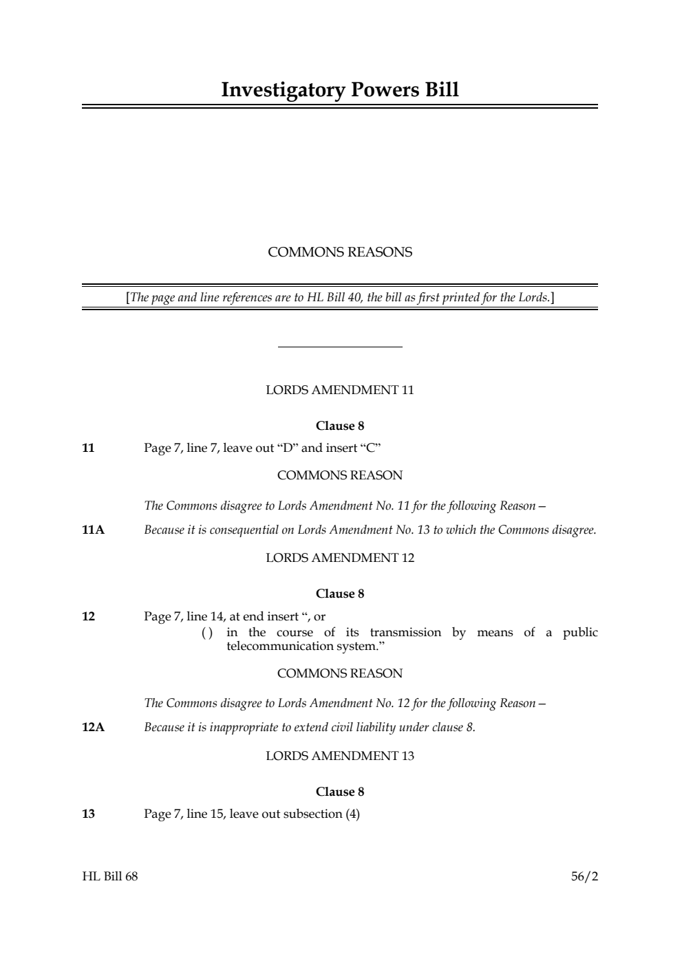 Investigatory Powers Bill Commons Reasons