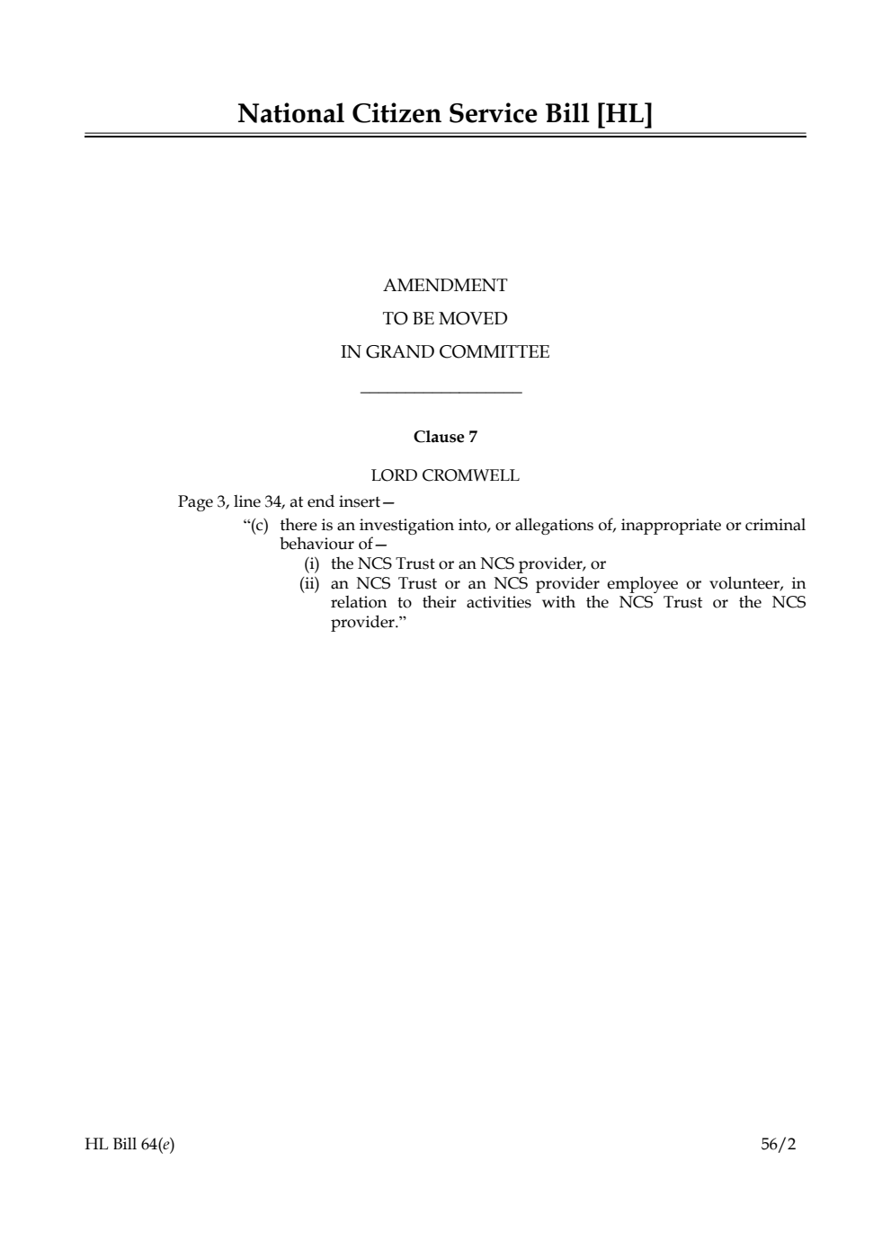 National Citizen Service Bill Lords Amendments