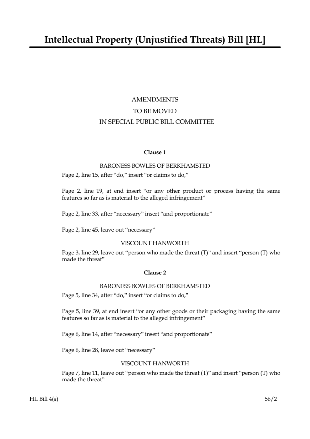 Intellectual Property (Unjustified Threats) Bill Lords Amendments